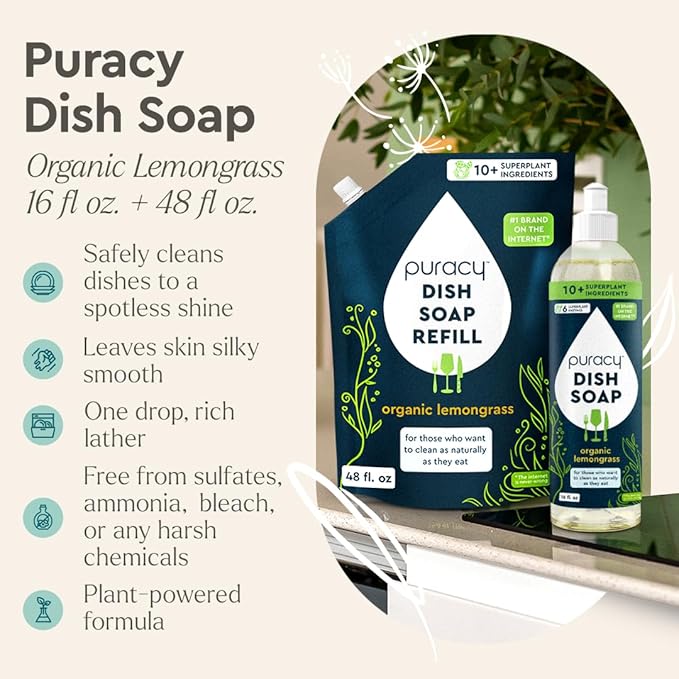 Puracy Natural Dish Soap Refill Bundle- Enzyme-Powered Dishwashing Soap, Organic Dishsoap Liquid Clean Non-Toxic (Organic Lemongrass, 16oz and 48oz Refill)