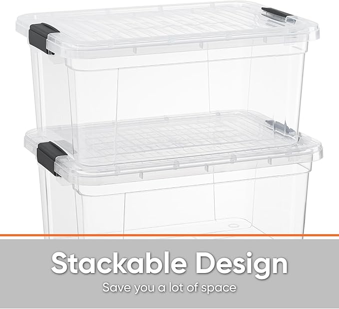 Superio Clear Storage Boxes with Lids, 11 Quart Plastic Container Bins for Organizing, Stackable Crates, BPA Free, Non Toxic, Odor Free, Organizers for Home, Office and Dorm, 4 Pack