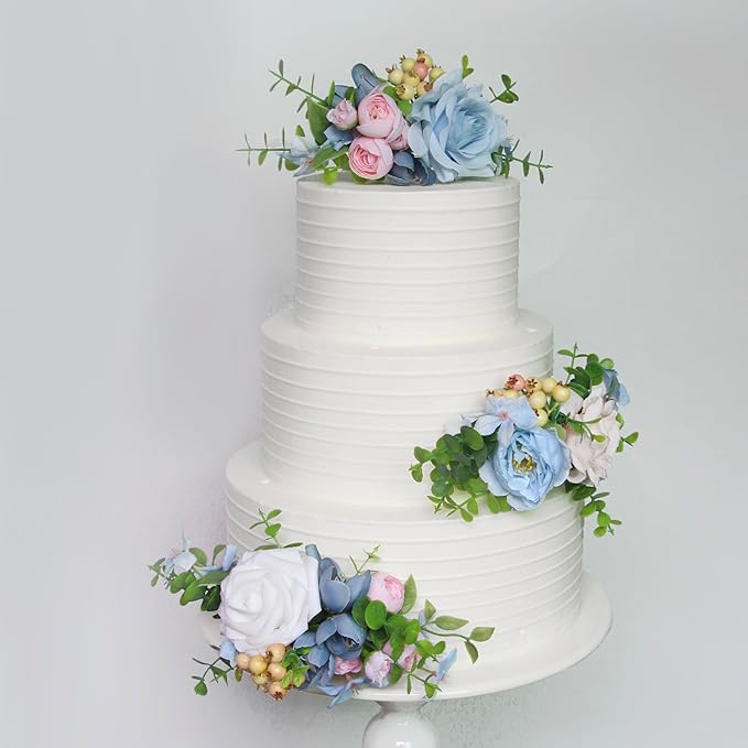 Rinlong 3Pcs Baby Blue Pink Cake Topper Pre-made Cake Decorations Pastel Blush Wedding Cake Decorating Flowers Cake Decor for Baptism Girl Women Birthday Party