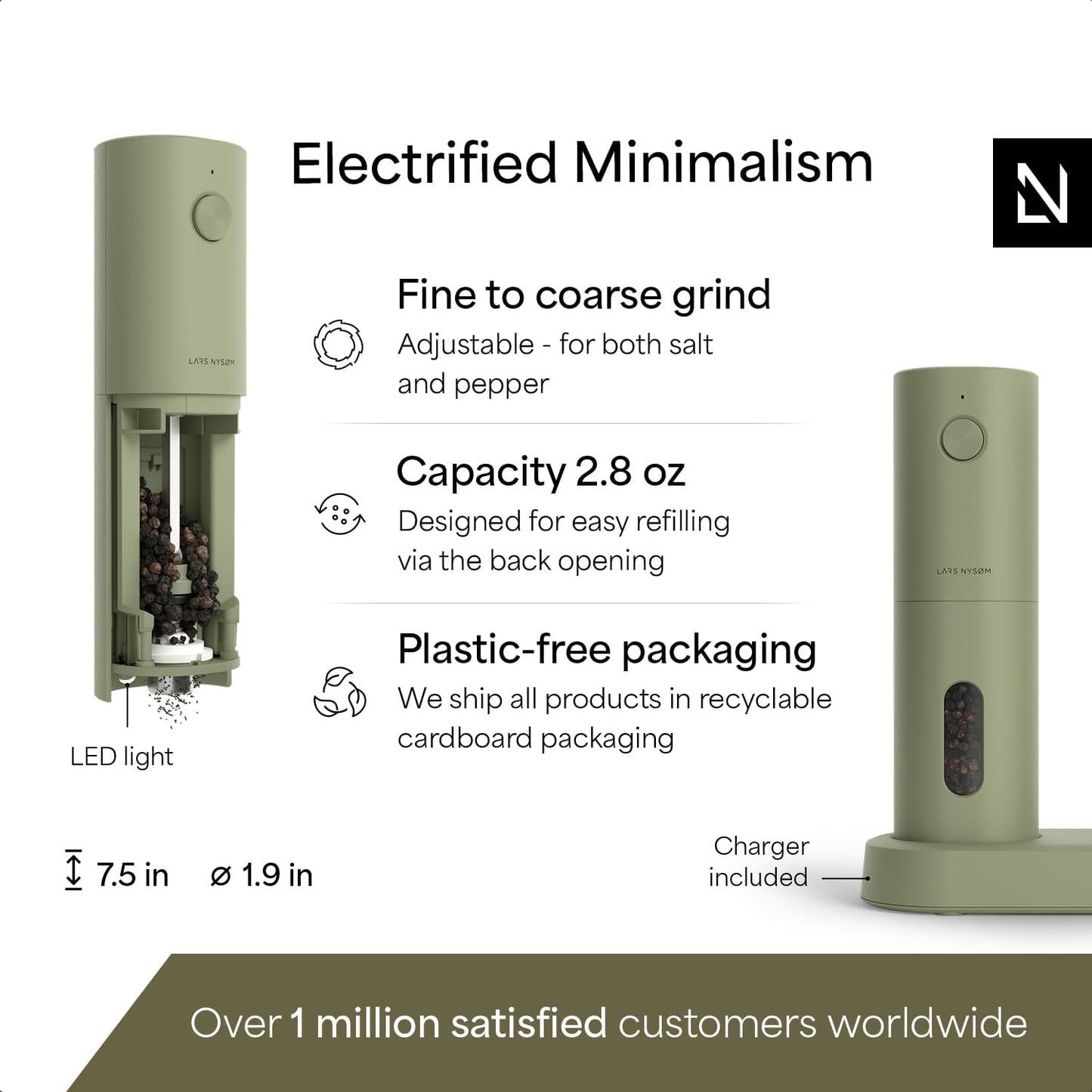 LARS NYSØM Electric Salt and Pepper Grinder Set, USB Rechargeable, Automatic Salt and Pepper Mills, Spice Shakers Refillable with LED Light, Adjustable Coarseness, Ceramic Grinder (Sage Green)