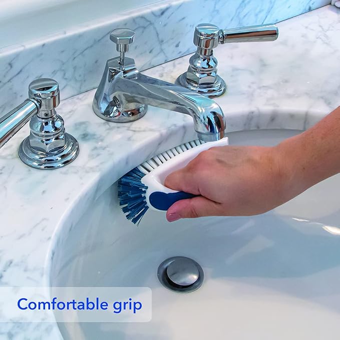 Unger Multi-Purpose Counter and Fixture Scrub Brush, Non-Slip Small Household Cleaning Supplies, Removes Dirt and Grime from Bathroom Sinks, Kitchen Countertops, and Faucets