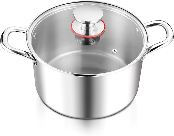 E-far 6 Quart Stock Pot, Tri-Ply Stainless Steel Cooking Pot with Glass Lid and Riveted Handles, Metal Pasta Soup Pot for Induction Ceramic Electric Gas Stoves, Heavy Duty & Dishwasher Safe