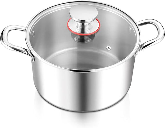 E-far 6 Quart Stock Pot, Tri-Ply Stainless Steel Cooking Pot with Glass Lid and Riveted Handles, Metal Pasta Soup Pot for Induction Ceramic Electric Gas Stoves, Heavy Duty & Dishwasher Safe