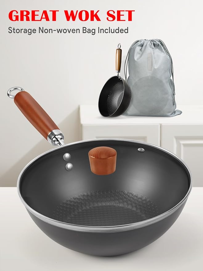 Carbon Steel Pan, 9.5-Inch Stir-Fry Woks & Pans Set with Glass Lid, 1.65lb Lightweight No Chemical Coated Flat Bottom Small Wok for 1-2 Servings