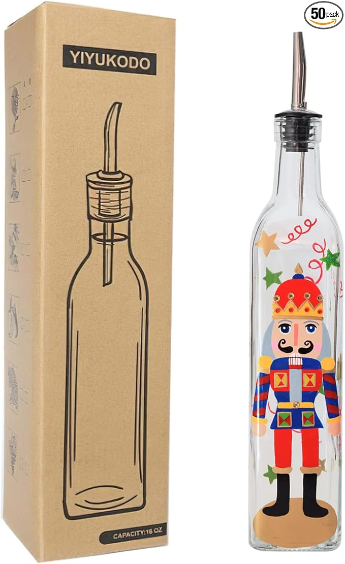 17oz Hand Painted Glass Olive Oil Bottle - 500ml Green Oil & Vinegar Cruet with Pourers and Funnel - Olive Oil Carafe Decanter for Kitchen (The Nutcracker)
