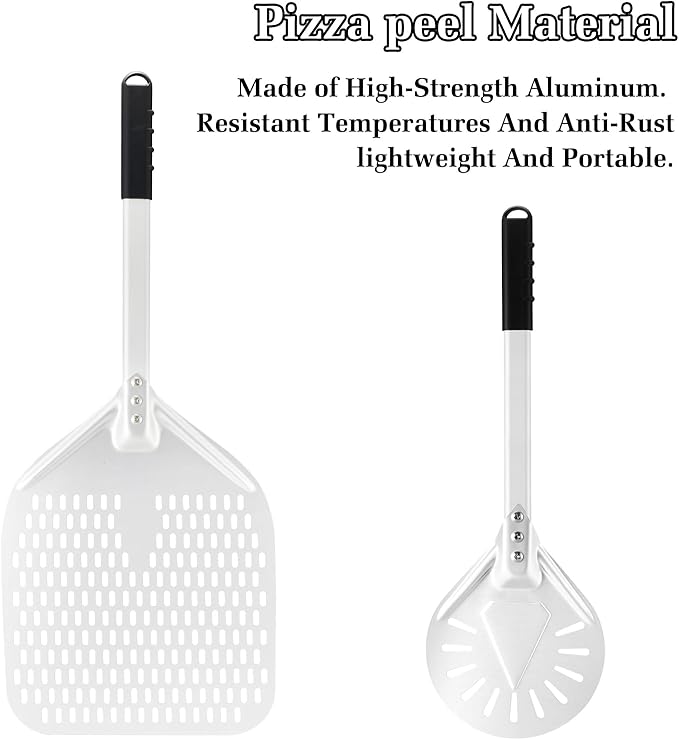12 Inch + 7 Inch Perforated Pizza Peel Set, Pizza Turning Peel with Metal Handle, Pizza Spatula Paddle for Homemade Pizza Oven Accessories