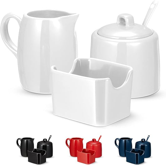 KooK Sugar and Creamer Set, 3 Piece, Pitcher, Sugar Bowl with Lid and Spoon, Sweetener Holder (White)