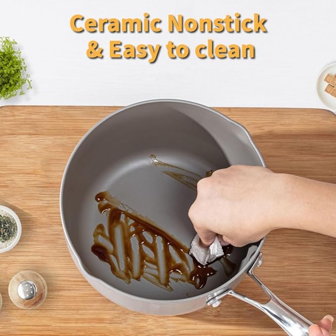 Ceramic Nonstick Tri-Ply Stainless Steel Sauce Pan with Steamer,2.5 Quart Small Multipurpose Pot with Pour Spout,Strainer Glass Lid, 2qt Saucepan for Cooking with Stay-cool Handle,Grey