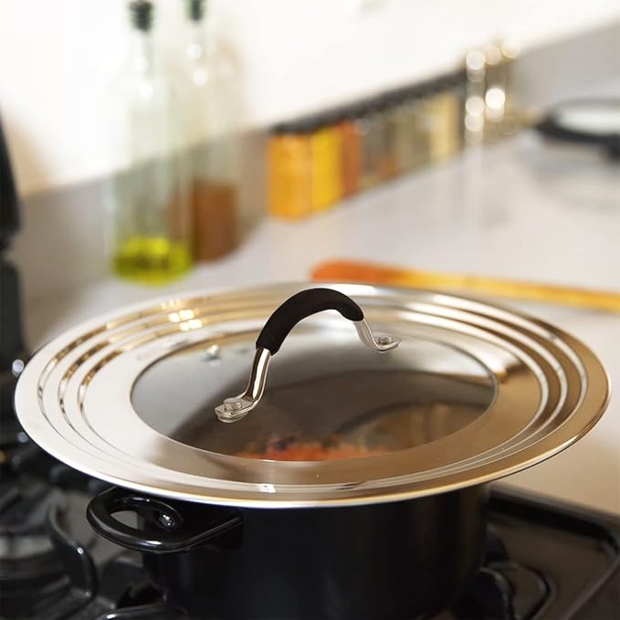 Stainless Steel Universal Lid for Pots, Pans and Skillets - Fits 7" to 12" Pot and Pans - Tempered Glass with Stainless Steel Rim Replacement Frying Pan Cover and Cast Iron Skillet Lid