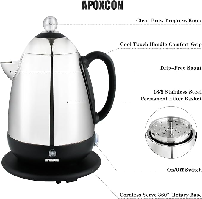 Electric Coffee Percolator Stainless Steel Coffee Maker with Clear Brew Progress Knob and No-Drip Spout Auto Keep Warm & Cordless Serving Coffee pot with On/OFF Switch Fast Brew (10 Cup)