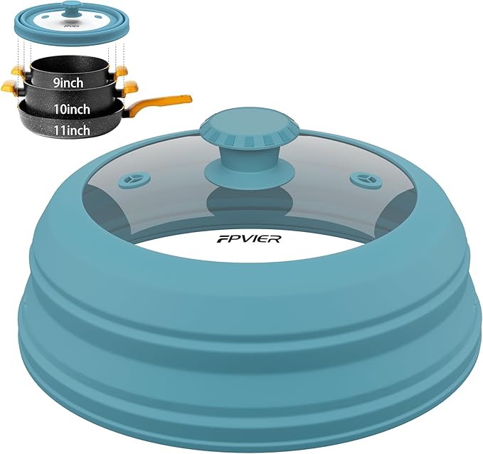 Collapsible Microwave Splatter Cover - Vented Silicone & Glass Lid with Easy-Grip Handle, Fits 6 to 11 Inch Plates & Bowls, 11.8 Inch Diameter, Prevents Splatters & Ensures Even Heating