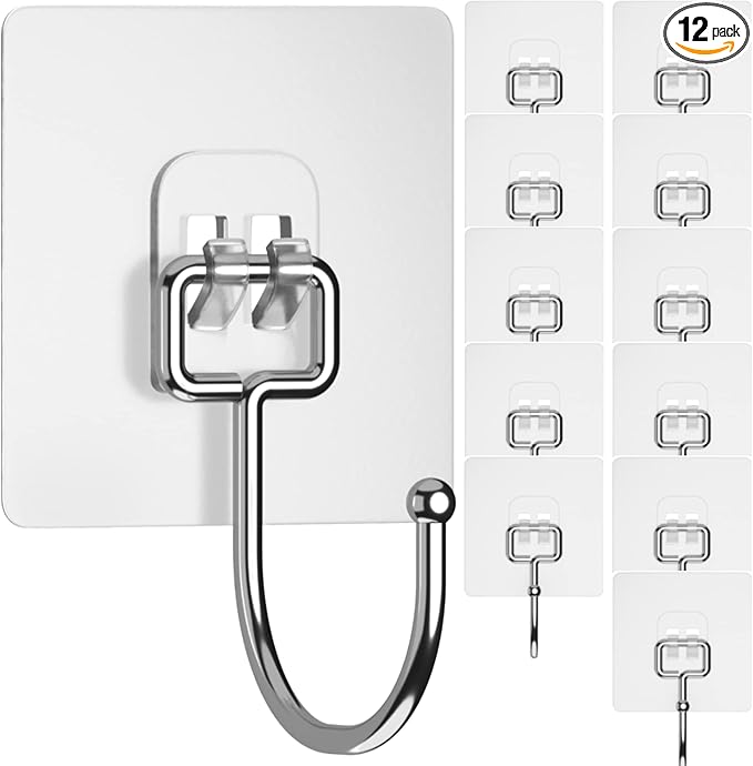 GLUIT Adhesive Large Wall Hooks for Hanging Heavy Duty 22 lbs Hook for Walls No Damage (12 Large Hooks)