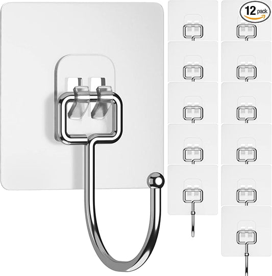 GLUIT Adhesive Large Wall Hooks for Hanging Heavy Duty 22 lbs Hook for Walls No Damage (12 Large Hooks)
