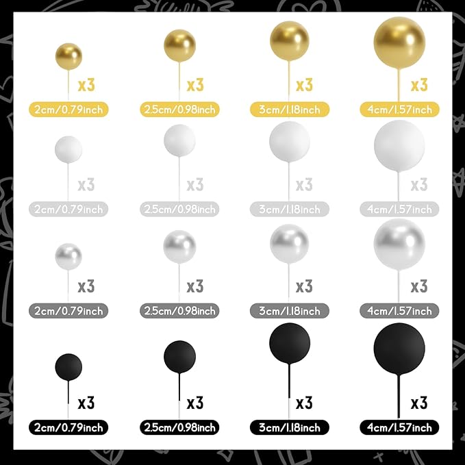48 Pcs Balls Cake Topper Decorations Balloon Cupcake Toppers Foam Cake Topper Balls Cake Balls Decorations for Birthday Party Wedding Anniversary Cake Decorating (Black, Silver, White, Gold)