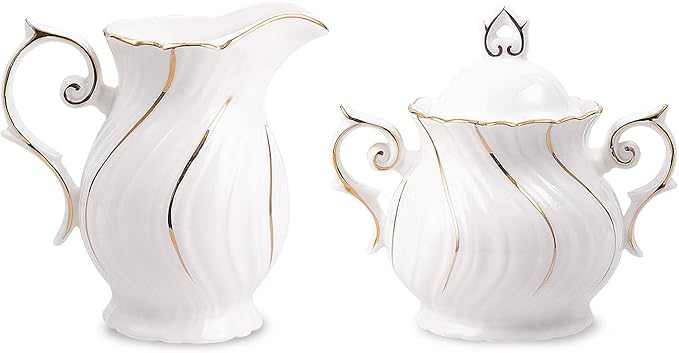 Sugar and Creamer Set Ceramic, Creamer Pitcher and Sugar Bowl with Lid, Creamer Pitcher with Handle,Sugar Cube Dish Coffee or Tea, White with gold thread