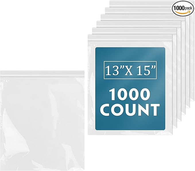iMailer - 1000 Count - 13" x 15" Clear Reclosable Zip Plastic Poly Bags - 2 Gallon Zip Bags for Clothing, T-Shirts, Pants