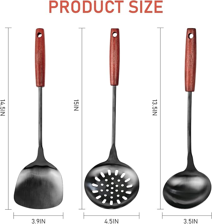 FJNATINH Wok Spatula and Ladle,Skimmer Ladle Tool Set, 17inches Spatula for Wok, 304 Stainless Steel Wok Spatula,Black