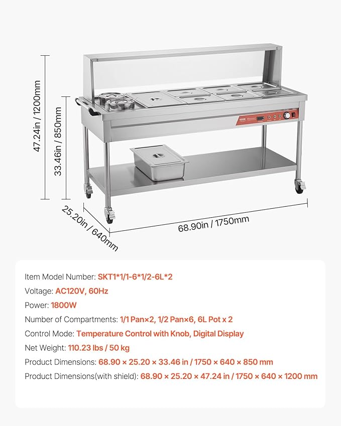 VEVOR Commercial Electric Food Warmer, 7 Pans + 2 Pots Steam Table, 1800W Professional Buffet Catering Food Warmer with Shield Undershelf Wheels, Stainless Steel Server for Party Restaurant