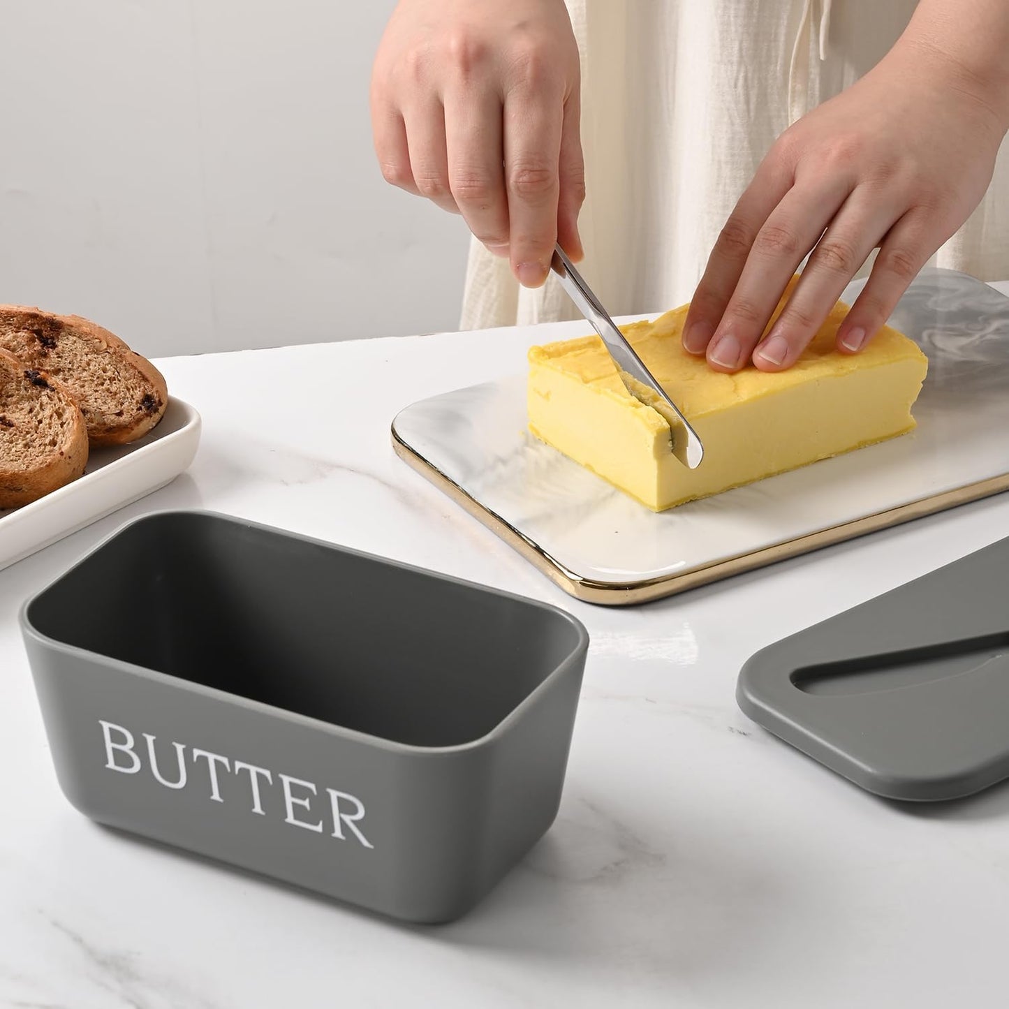 Plastic Large Butter Dish With Lid,Food Grade PP Butter Keeper With Cover,Grey Butter Container For Kitchen Refrigerator Countertop