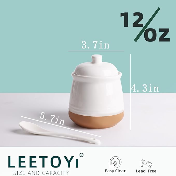 LEETOYI Sugar Bowl with Lid and Spoon, 12 oz Ceramic Sugar jar, Sugar Container for Coffee Bar, Sugar Dispenser Bowl, Microwave & Dishwasher Safe, White