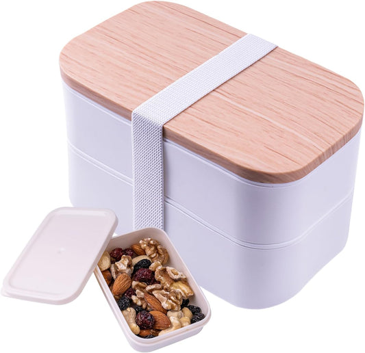 Stackable Bento Box with Utensils Microwave Safe, All-in-One Meal Prep Compartment Lunch Containers Leak Resistant Lunch Box with Sauce Container 60oz White(without bag)