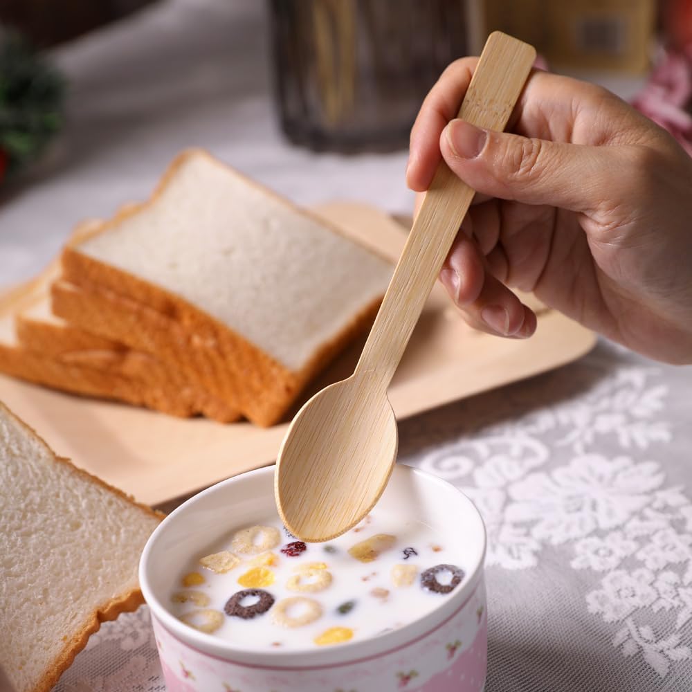 Bamboo Utensils Disposable- 100PK Bamboo Spoons for Eating 100% Biodegradable Compostable Renewable Natural Travel Cutlery 6.7" Spoon for Camping/Party