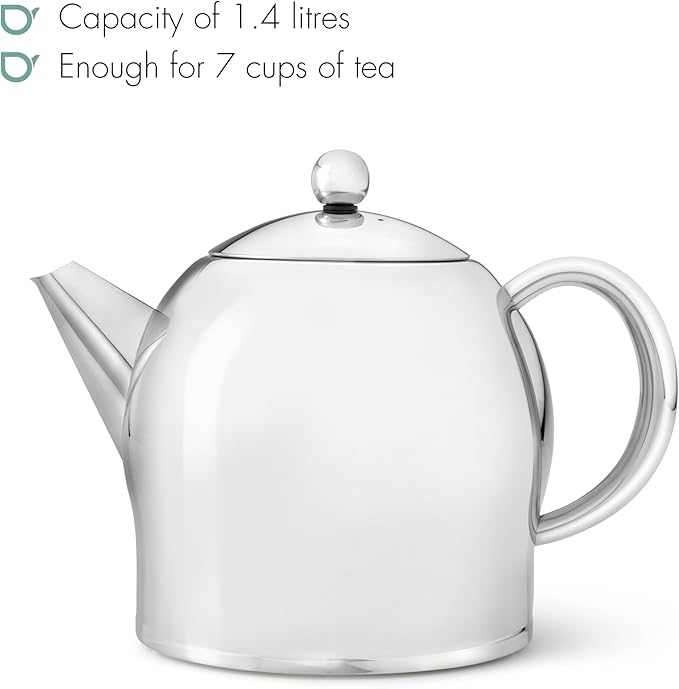 Santhee Double Walled Teapot, 1.4-Liter Stainless Steel Glossy Finish with Glossy Accents