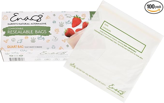 100% Compostable Food Storage Bags [Quart 100 Pack] Eco-Friendly Freezer Bags, Resealable Bags, Heavy-Duty, Reusable, Off-White by Earth's Natural Alternative