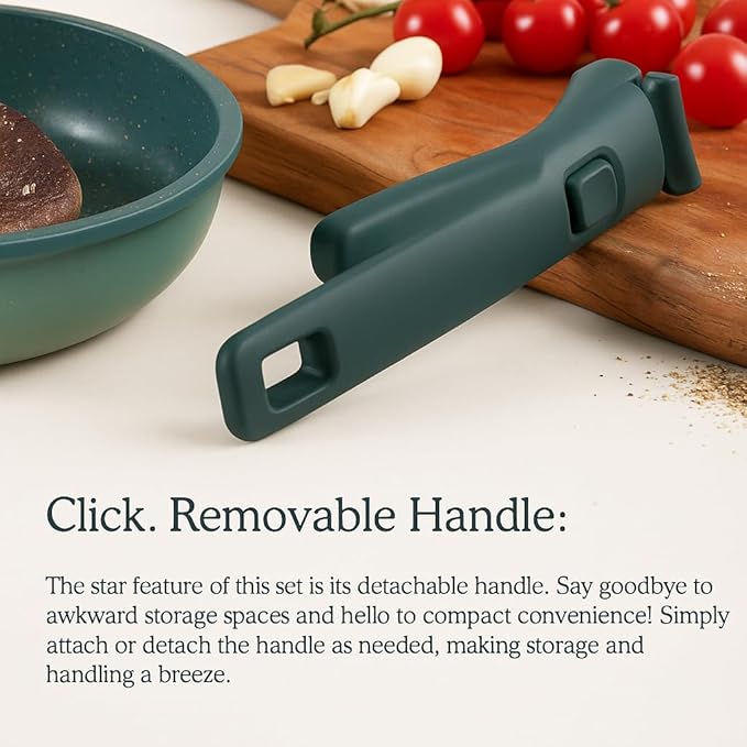 BytheTable Ombré Ceramic Titanium Non-Toxic, Nonstick Cookware Set 8-Piece Modular System with Removable Handle and Magnetic Lid, Magnetic Spatula, Eco-Friendly, Oven & Dishwasher Safe (Green)