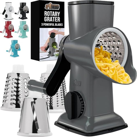 GORILLA GRIP BPA-Free Rotary Cheese Grater Hand Crank, Easy to Set Up, Strong Suction Base for Kitchen Countertop, Shred Potato, Vegetable, Nuts in Seconds, Round Mandoline Slicer, 3 Blades, Gray