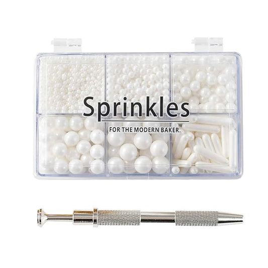 Kasvan White Mix Sugar Sprinkles - Edible Candy Pearls with 4-Claw Sprinkle Pen,118g/4.16 Oz, Gift Box Pack, Baking Cake Decorations, Ice Cream Toppings and Cookie Decorating, Wedding Party Chirstmas Supplies