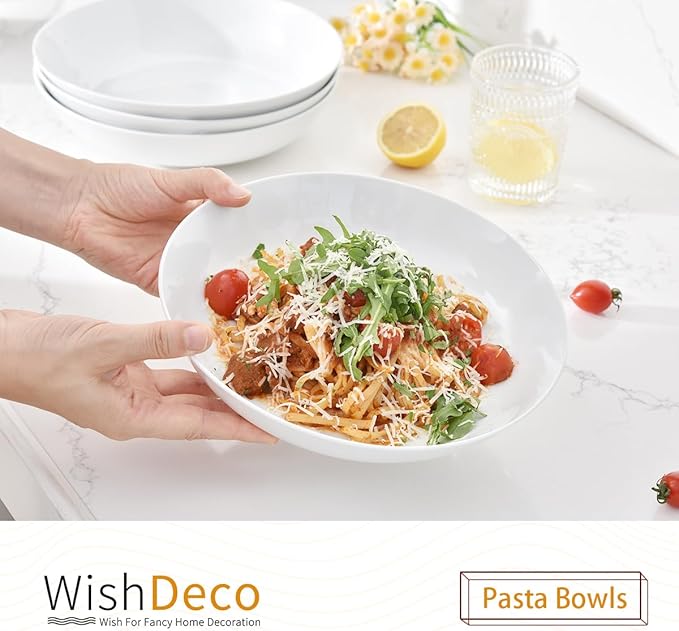 White Pasta Bowls Set of 4, Porcelain Salad Bowls 37 oz, Wide and Shallow Serving Bowl 9 Inch, Large Pasta Plates, Serving Dishes for Soup, Dinner, Microwave and Dishwasher Safe