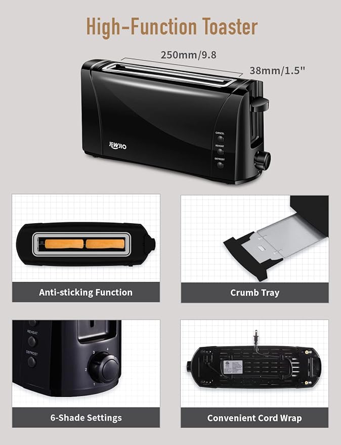 JEWJIO Slim Compact 2 Slice Toaster with Wide Long Slot - Vintage Black, 1000W, Defrost/Reheat/Cancel, 6 Shade Settings, Removable Crumb Tray for Bagels & Waffles