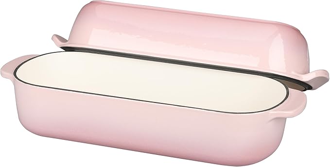 Enameled Cast Iron Loaf Pan with Lid, Dutch Oven for Homemade Bread Baking, 12.5x5.5 inch, 5Qt, Pink
