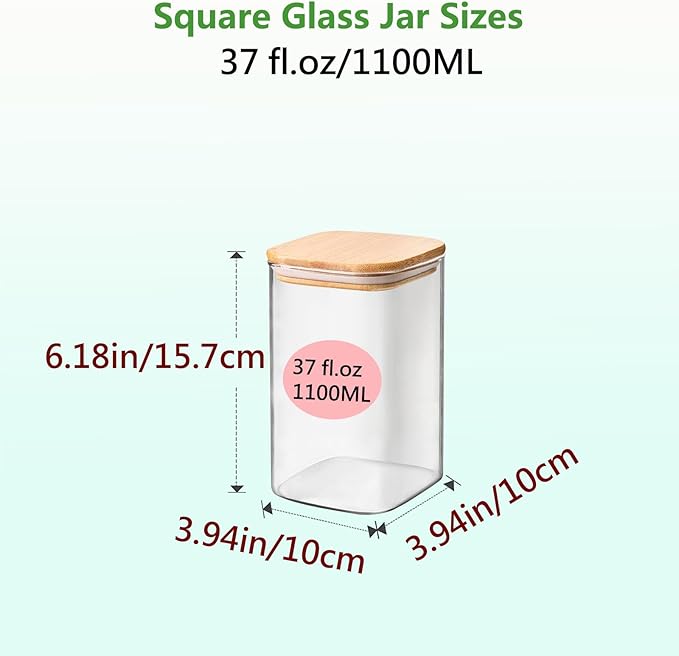 Square Glass Jars Canister with Wood Lid 37 FL OZ [Set of 4], Container Jar with Sealing, Lids for Oat Pasta Flour Cereal Rice Sugar Tea Coffee Beans, Best for Kitchen & Pantry