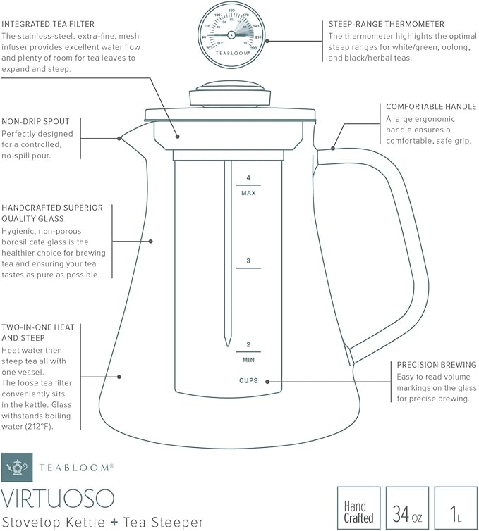 Teabloom 2-in-1 Tea Kettle and Tea Steeper - Glass Teapot with Thermometer and Stainless Steel Loose leaf Tea Infuser, No Whistle Kettles, Virtuoso 34-Ounce Tea Maker