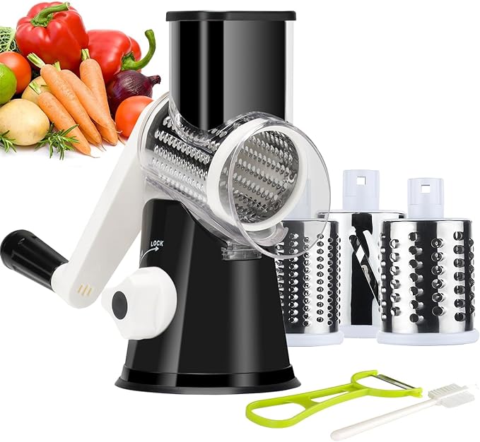 Ourokhome Rotary Cheese Grater Hand Crank, Kitchen Shredder Speed Mandolin Slicer Nuts Grinder with Handle and Drum Blades for Cheese, Vegetable, Walnut, Chocolate, Potato, Carrot, 3 Blades, Black