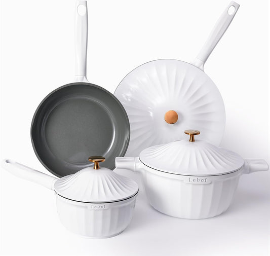 Nonstick Ceramic Cookware Set (7 Piece)–Titanium Cast Aluminum Pots and Pans Set with Lids, Non Toxic PFAS-Free Compatible with All Stovetops–Pearl White