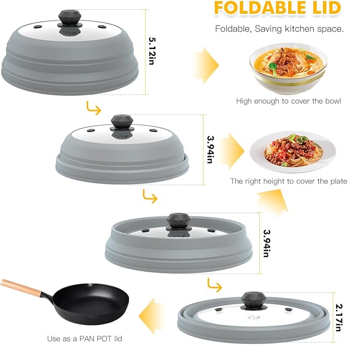 Microwave Splatter Cover Vented Glass Cover Splatter Guard Lid with Collapsible Silicone for Food as Pot Cover Plate Cover 10.8 inch for 6 7 8 9 10 inch Plate Bowl Light Grey