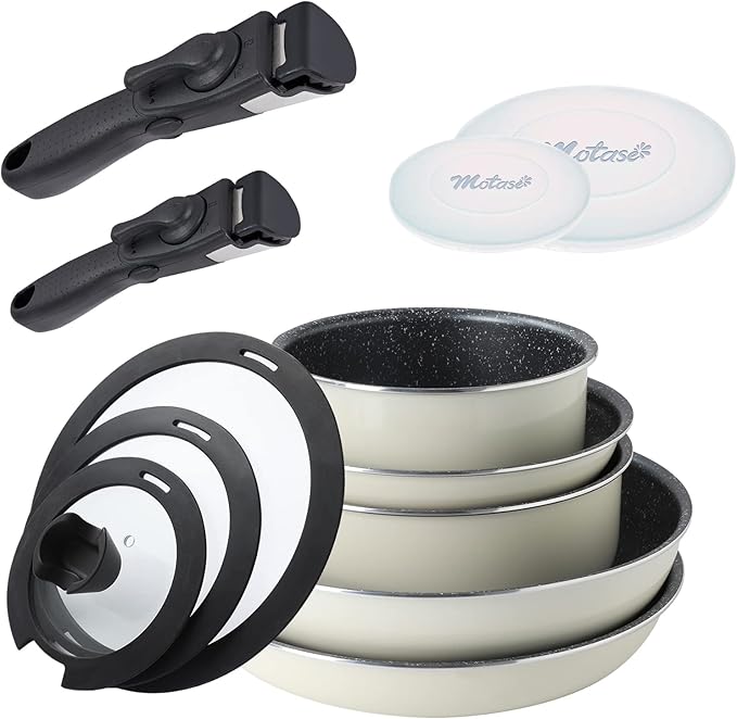 12pcs Pots and Pans Set, Nonstick Cookware Sets Detachable Handle, Induction Kitchen Cookware Set Non Stick with Removable Handle, RV Cookware Set, Oven Safe, White