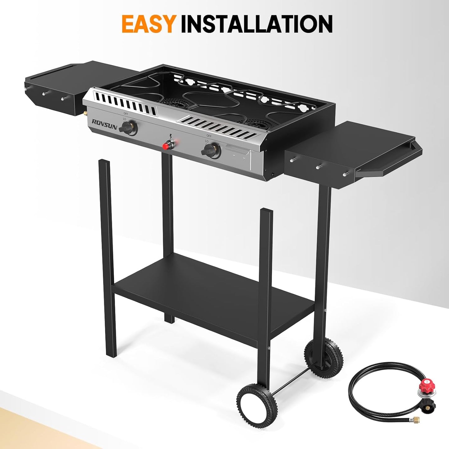 ROVSUN 2 Burner Outdoor Propane Gas Stove with Auto-ignition, Regulator & Shelf, 150,000 BTU Powerful Stand Cooker for Backyard Patio Cooking Home Brewing Canning Turkey Frying