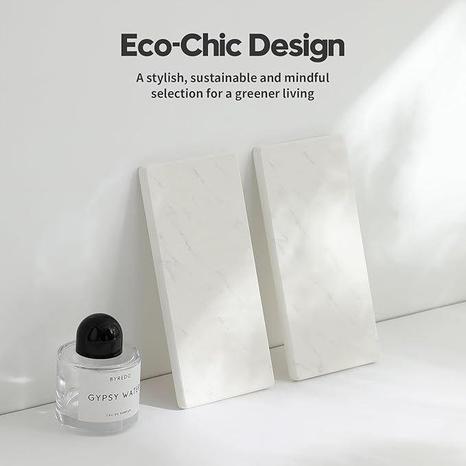 2PCS Diatomite Marble Stone Drying Mat for Kitchen Counter, Water Absorbing Soap Tray Stone Faucet Mat for Bathroom, Quick Dry Splash Guard Sink Protector, Vanity Dish Dispenser Sponge Holder, 8"x3.8"