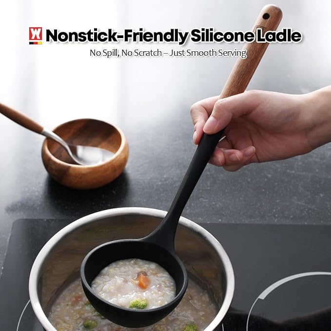 Set of 2pc Silicone Cooking Utensils: Wooden Handle Ladle + Long Head Serving & Cooking Spoon, Heat Resistant, BPA Free, Scratch-Resistant Surface Design