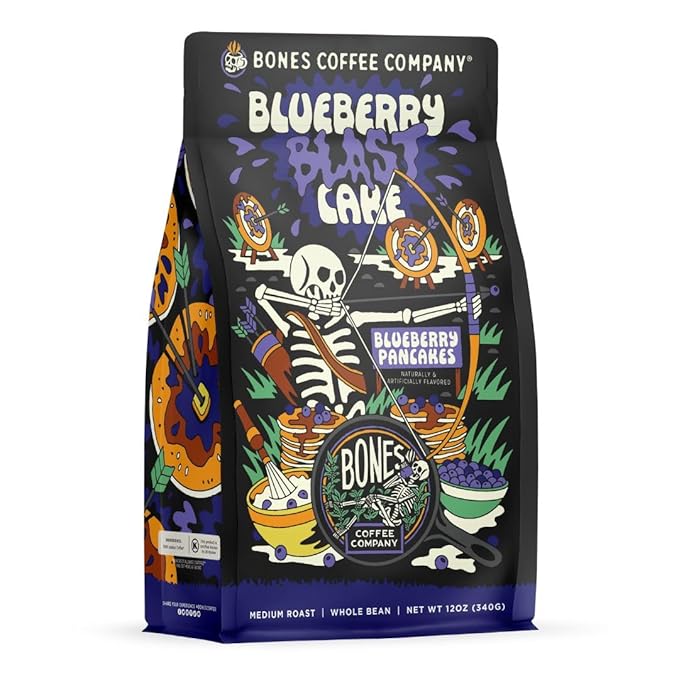 Bones Coffee Company Blueberry Blast Cake, Blueberry Pancakes Flavored Coffee, Medium Roast Low Acid Arabica Beans Compatible with Auto drip and French Press Coffee Maker, 12 Oz Whole Bean