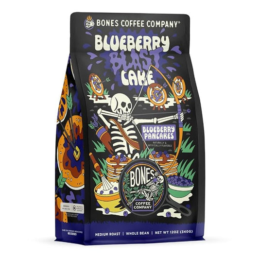 Bones Coffee Company Blueberry Blast Cake, Blueberry Pancakes Flavored Coffee, Medium Roast Low Acid Arabica Beans Compatible with Auto drip and French Press Coffee Maker, 12 Oz Whole Bean