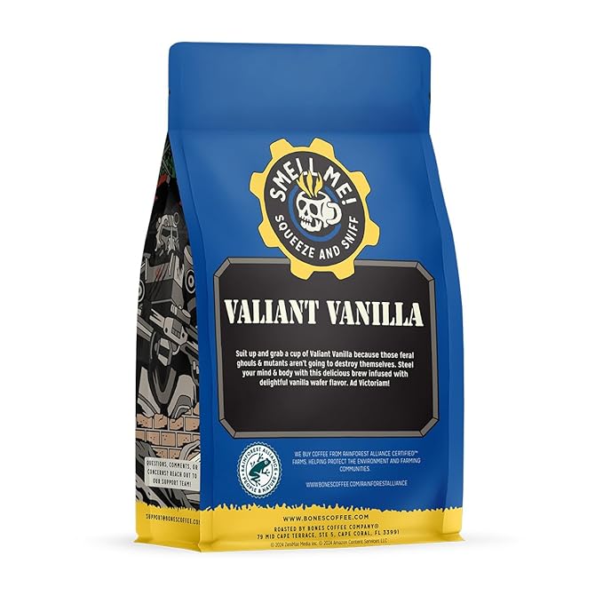 Bones Coffee Company Fallout Valiant Vanilla, Vanilla Wafer Flavored Coffee, Medium Roast Low Acid Arabica Beans Compatible with Auto drip and French Press Coffee Maker, 12 Oz Ground