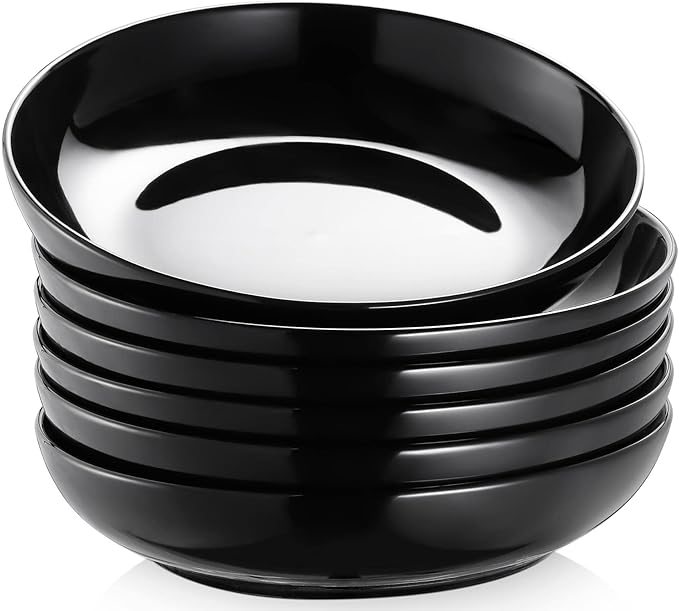 Y YHY Pasta Bowls 30oz, Large Salad Serving Bowls, Shallow Soup Bowls, Porcelain Pasta Bowls Set of 6, Microwave Dishwasher Safe, Black