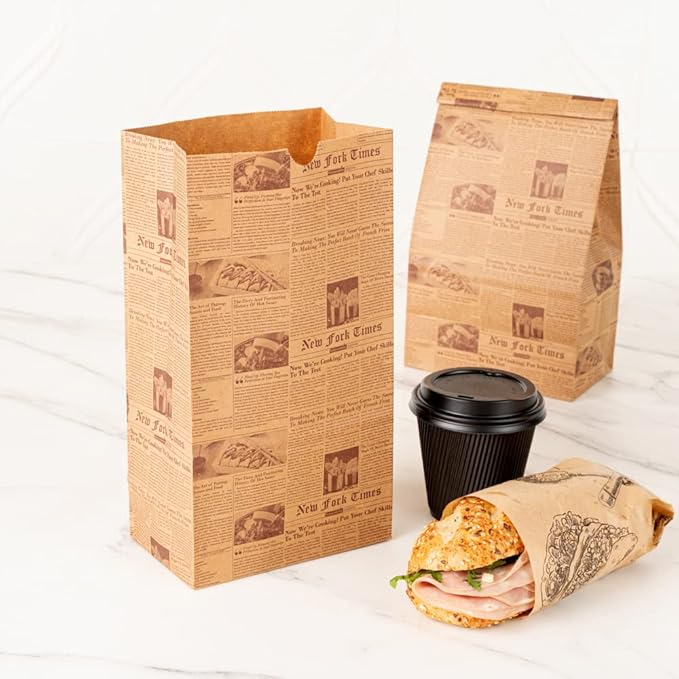 Restaurantware Bag Tek 6 Lb Disposable Lunch Bags 100 Sturdy Take Out Bags - Flat Bottom Microwavable Kraft Newsprint Design Paper Bags Freezable Great For Restaurants Cafes And Bakeries