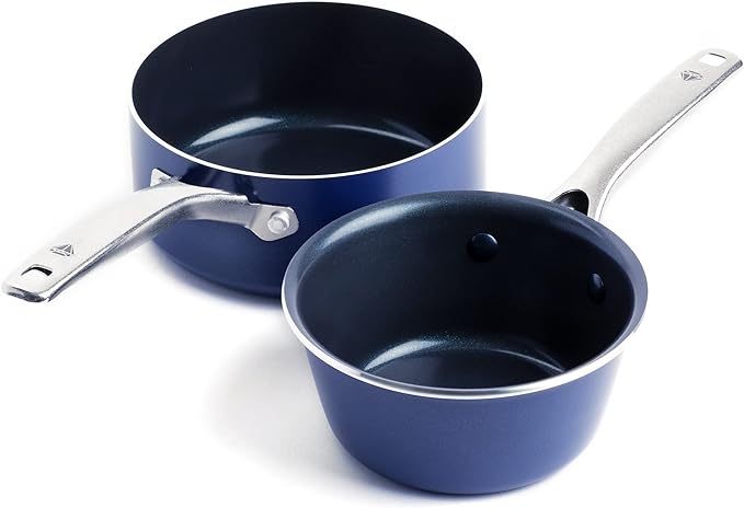 Blue Diamond Cookware 1QT and 2QT Saucepan Set, Diamond Infused Ceramic Nonstick, PFAS and PFOA-Free, Dishwasher Safe, Oven Safe, Durable, Versatile, Easy Clean, Even Heating, Blue