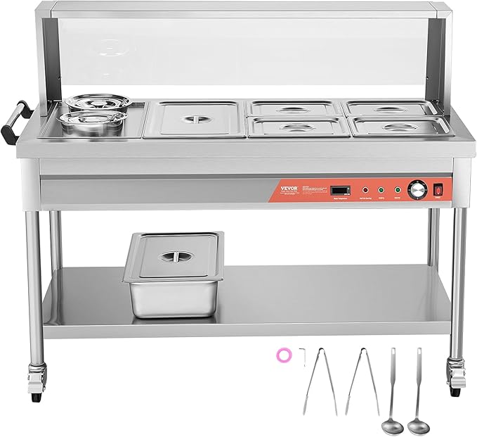 VEVOR Commercial Food Warmer, 5 Pans + 2 Pots Electric Steam Table, 1800W Professional Buffet Catering Food Warmer with Shield Undershelf Wheels, Stainless Steel Server for Party Restaurant Hotel